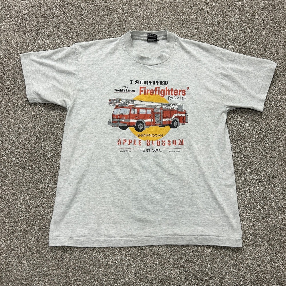 Vintage Fruit Of The Loom Firefighters Parade Shirt Mens Large Gray Tee T-Shirt